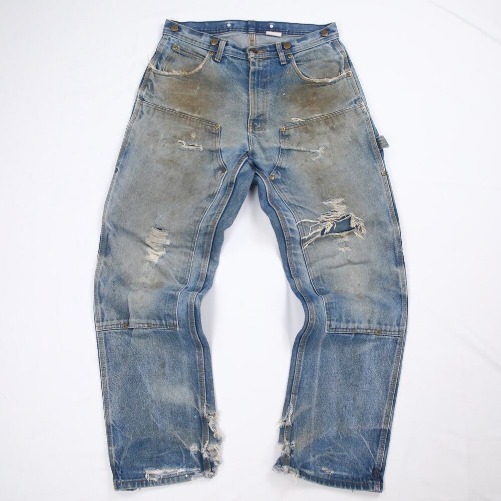 THRASHED Vintage Carhartt Like Key Faded Blue Denim Double Knee Pants 32x31